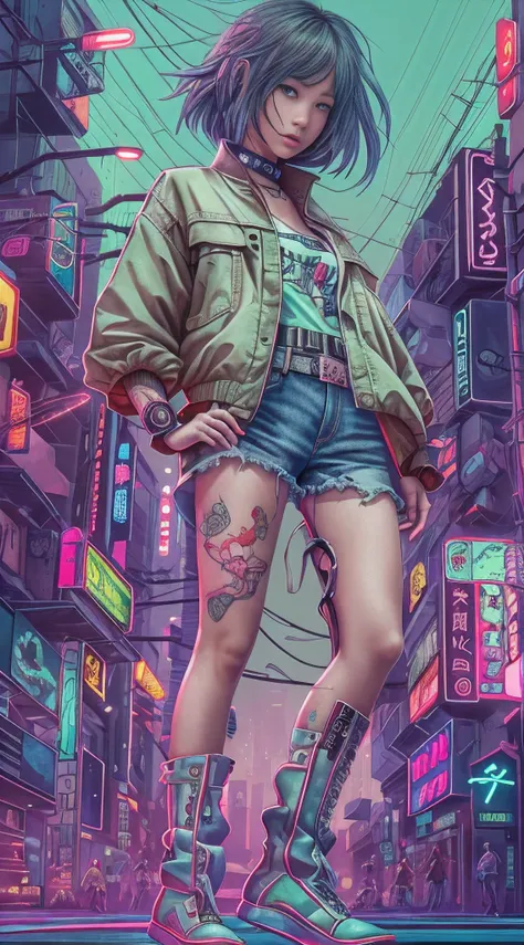 "Artistic Image, The center of this scene is full body portrait a young very beautiful Japanese girl 19 years old is a hacker full length . With a short haircut. Cyber-implants on the face and hands. Cyberpunk tattoos on the neck and arms. In denim shorts....