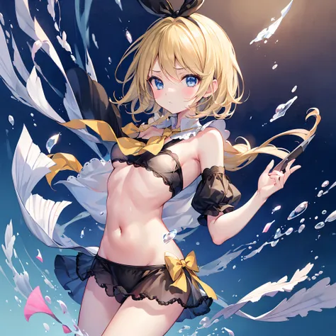 1 chica, kagamine rin (pelvis curtain: 1.3) Black Sheer Erotic Lingerie, obra maestra, arte oficial, hiperenfoque, sakimi zen (mejor calidad: 1), (obra maestra: 1), (Super detail: 1), (medias: 1.2), 1 chica, regordeta, avergonzada de mirar a la audiencia, ...