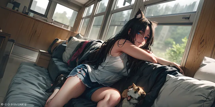 animal_ears, 1girl, black_hair, indoors, window, long_hair, day, torn_clothes, tank_top, solo, sitting, artist_name, tail, pillo...