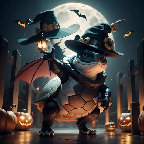 Turtle wearing cute Halloween hat，Middle element，（master-piece，bestquality：1.2），Best Lights，best shadows，Show background,  .bat,full big moon, stylized 3d render