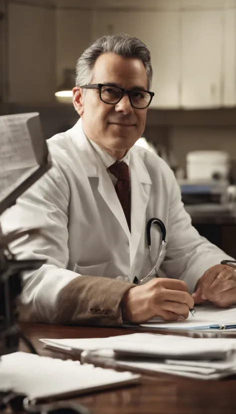 The 40-year-old doctor exudes confidence and expertise as he sits behind his desk, adorned in a crisp white coat and prescription glasses. His gray hair adds a touch of wisdom to his appearance, while the stethoscope around his neck serves as a reminder of...