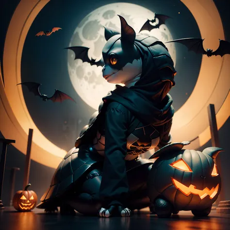 Cute Halloween Turtle，Middle element，（master-piece，bestquality：1.2），Best Lights，best shadows，Show background,  .bat,full big moon, stylized 3d render