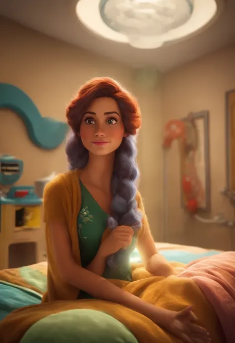 Uma mulher de meia idade estilo disney pixar, alta qualidade, melhor qualidade, usando jaleco, com os cabelos loiros e sorridente, em um quarto de hospital