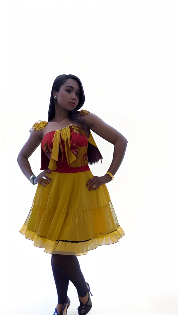 uma mulher com um vestido amarelo e um colete preto, corpo inteiro com traje, com panos amarelos, traje completo, Pose completa, Inspirado em Reyna Rochin, pose 1 de 1 6, traje laranja e amarelo, fantasia, senhora usando vestido amarelo, Fantasiado, vestin...