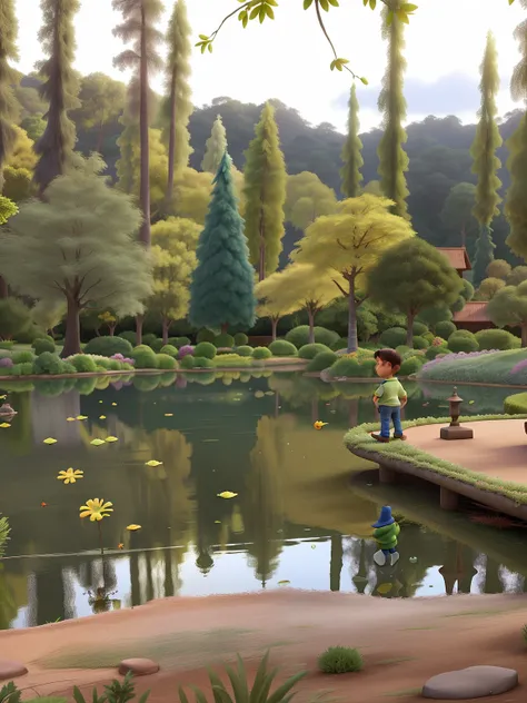 Um jardim estilo Disney pixar com um lago e folhas caindo na frente, refletindo um pinheiro verde, with yellowish poplars in the background