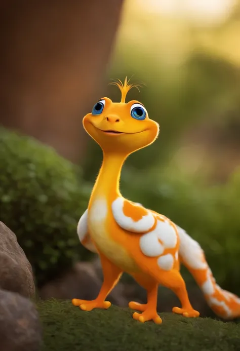 Um coelho de orelha amarela com corpo branco  com uma cenoura laranja da Disney pixar