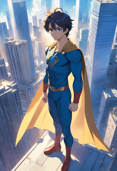 A male superhero standing, olhando para a frente. Ele usa uma roupa azul justa com uma letra C amarela no peito. He also wears a blue cape that floats behind him. Ele tem cabelos pretos curtos e olhos azuis. The background of the image is a modern city, wi...