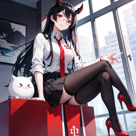 "anime girl, 1 person, black hair, shoulder-length hair, red eyes, glasses, white horns, wearing womens shirt, tie, school clothes, big breasts, tights, high heels, sitting  crossed legs, licking lips, front view, (full HD 4K+ image)"