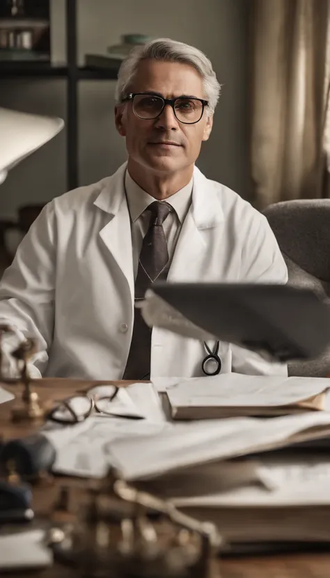 high brightness, good lighting, The 40-year-old doctor exudes confidence and expertise as he sits behind his desk, adorned in a crisp white coat and prescription glasses. His gray hair adds a touch of wisdom to his appearance, while the stethoscope around ...