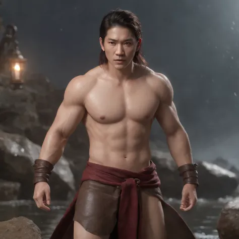 Super muscular cute asian man wearing red thong with a large bulge in the crotch in the middle of the lake (professional 3d render:1.3) af (Realistic:1.3) The most beautiful artistic photo in the world，Soft function, Bright male hero, ((Epic hero fantasy r...