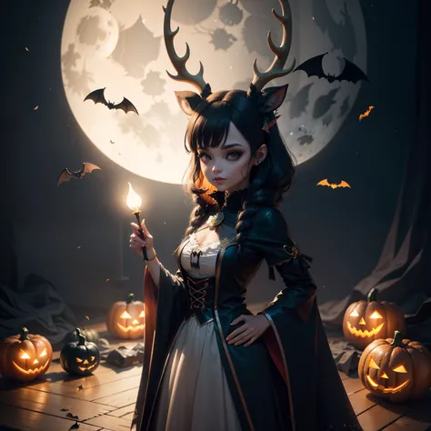 Cute Halloween Deer，Middle element，（master-piece，bestquality：1.2），Best Lights，best shadows，Show background,  . .bat,full big moon, stylized 3d render