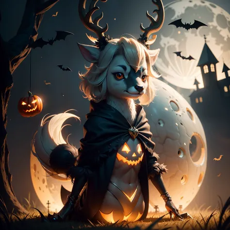 Cute Halloween Deer，Middle element，（master-piece，bestquality：1.2），Best Lights，best shadows，Show background,  . .bat,full big moon, stylized 3d render