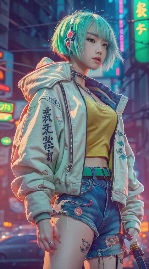 "Artistic Image, The center of this scene is full body portrait a young very beautiful Japanese girl 19 years old is a hacker full length . With a short haircut. Cyber-implants on the face and hands. Cyberpunk tattoos on the neck and arms. In denim shorts....