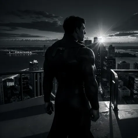 Full-body monochrome Superman in imposing posture in profile watching the city from above "sun sunset", 4k.