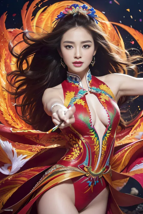 (​masterpiece、top-quality)、high resolution details、foco nítido、(Photoreal Stick:1.2)、1girl in、Cowboy Shot、(The beauty of a woman and the beauty of a phoenix feather seamlessly blend:1.1)、(Dance in a kaleidoscope of vibrant colors and patterns、The blades re...