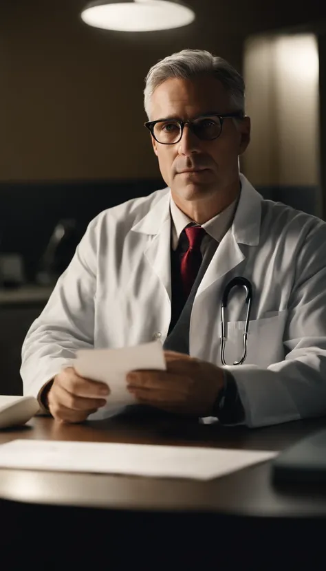 good lighting, a distinguished 40-year-old man with gray hair and prescription glasses sits behind a modern medical table, his white coat and stethoscope around his neck, ready to see his next patient. His intense gaze at the camera conveys his dedication ...