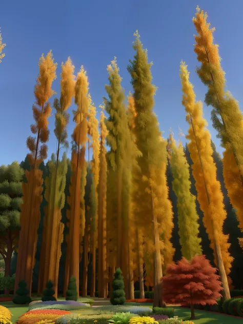 A Disney Pixar Style Garden Autumn Poplars, amarelados e ceu bem azul