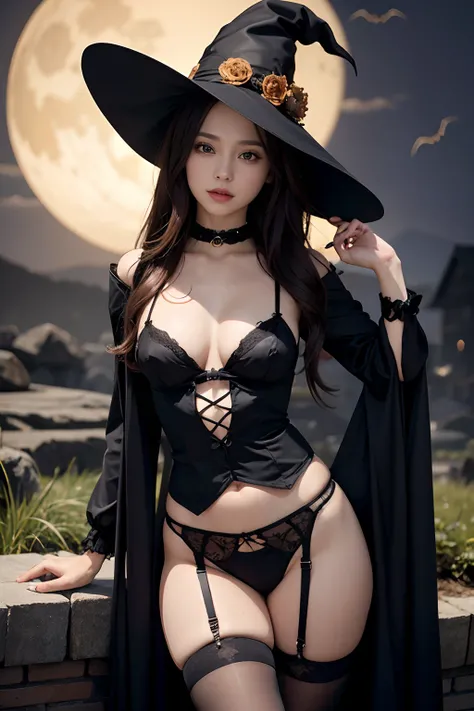 (top-quality、8K、32K、​masterpiece)　Pretty Woman、２０age、Halloween、Wearing a witch costume、Wearing a black garter belt、A sexy