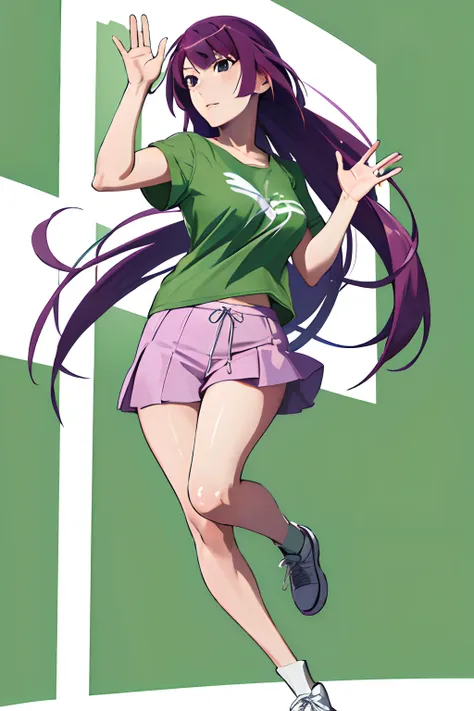 masterpiece, best quality, highres, sh1, senjougahara hitagi, long hair, green football t-shirt, white falcon logo on the t-shir...