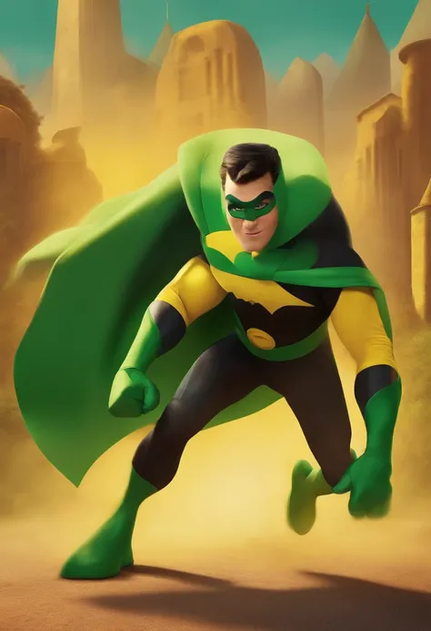 Create a poster like Pixar with a green and yellow superhero and bandits looking to catch him