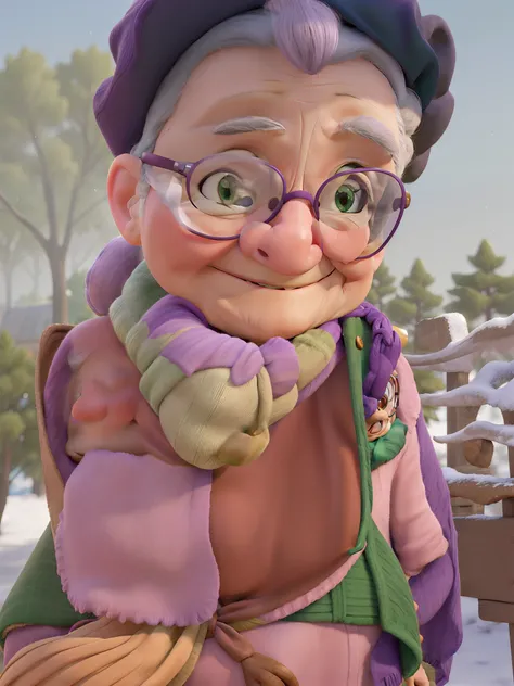 masterpiece, best quality, an old woman with glasses and a scarf on, wearing a purple coat and green scarf, standing at the park