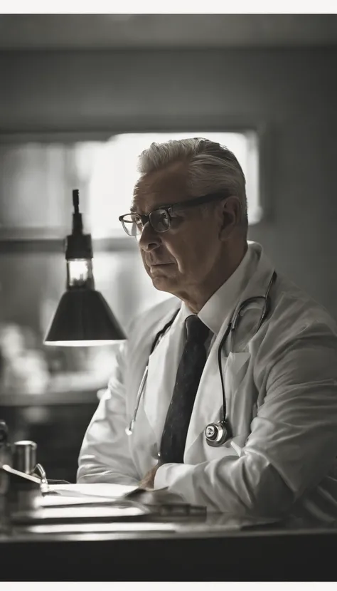 good lighting, a distinguished 40-year-old man with gray hair and prescription glasses sits behind a modern medical table, his white coat and stethoscope around his neck, ready to see his next patient. His intense gaze at the camera conveys his dedication ...