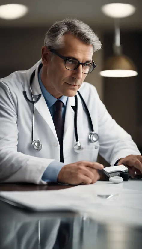 good lighting, a distinguished 40-year-old man with gray hair and prescription glasses sits behind a modern medical table, his white coat and stethoscope around his neck, ready to see his next patient. His intense gaze at the camera conveys his dedication ...