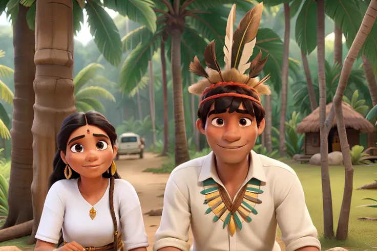 An indigenous couple of the Paumari people, homem e mulher velhos e com rugas no rosto, In the middle of the Amazon rainforest, Estilo Disney da Pixar, alta qualidade