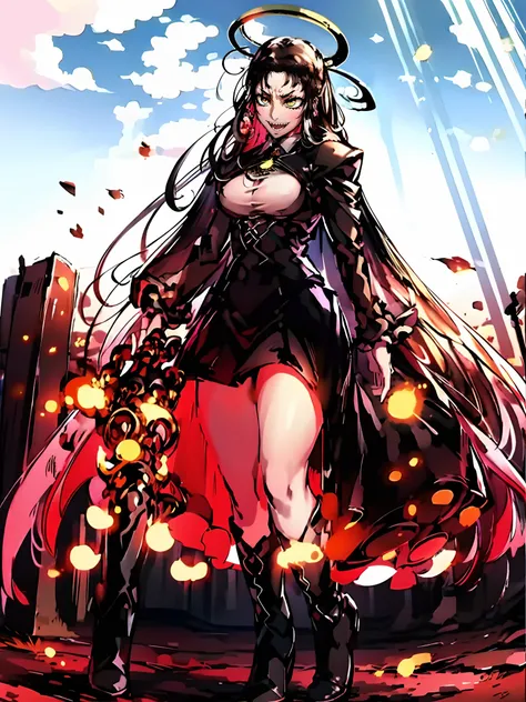 Rip Van Winkle, Hellsing Ultimate,full body, walking, divine aura, sun halo, solar halo, long skirt, porcelain skin, ethereal, graceful movement, flowing black hair, radiant beauty, enchanting gaze, serene expression, soft sunlight, angelic presence, celes...