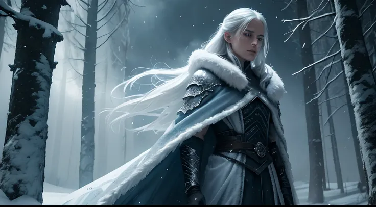 (highres,best quality,ultra-detailed),A men dressed as the White Walker from Game of Thrones,icy blue eyes and white skin,flowing white hair,delicate ice patterns on her face,detailed fur cloak with intricate ice-like embroidery,standing in a snowy forest,...