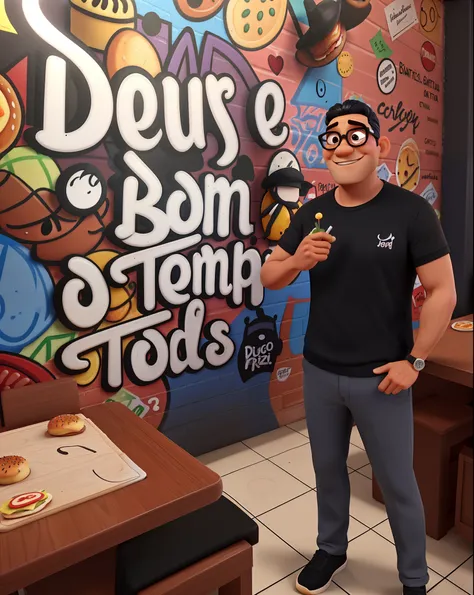 poster 3d inspirado na pixar/disney capturando uma cena com um homem de 40 anos, cabelo preto bem curto, with black cap, wearing sunglasses, barba preta bem curta e pequena, olhos escuros, In the middle of his restaurant eating burger and pizza. Hes happy ...