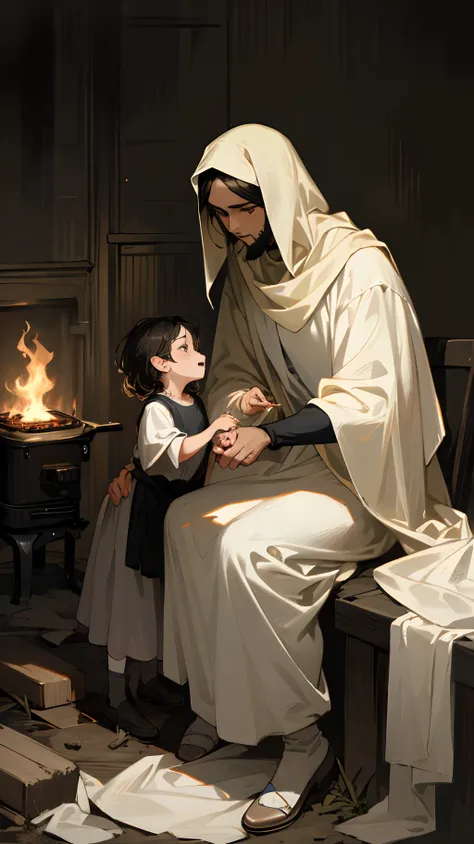 Hyper realistic Jesus postponing an abandoned child while rewarding a believer with a stove