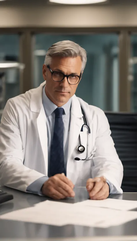 good lighting, a distinguished 40-year-old man with gray hair and prescription glasses sits behind a modern medical table, his white coat and stethoscope around his neck, ready to see his next patient. His intense gaze at the camera conveys his dedication ...