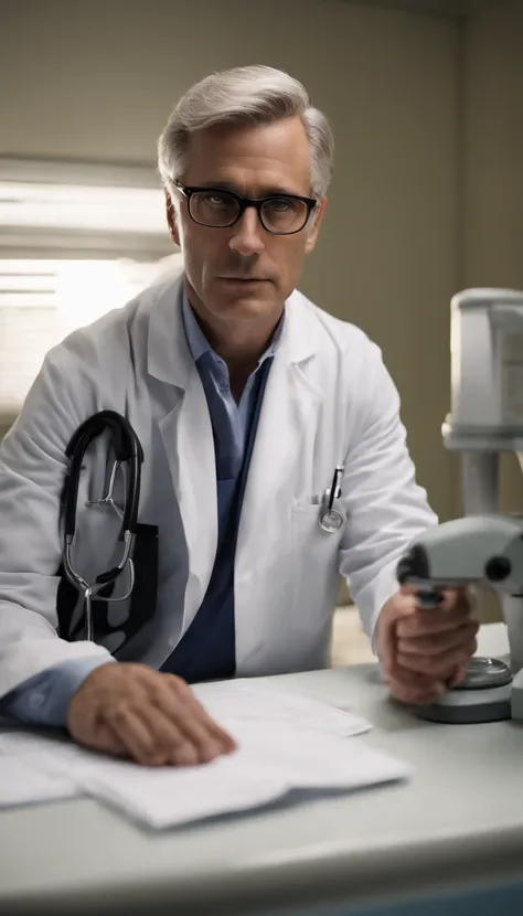 good lighting, a distinguished 40-year-old man with gray hair and prescription glasses sits behind a modern medical table, his white coat and stethoscope around his neck, ready to see his next patient. His intense gaze at the camera conveys his dedication ...