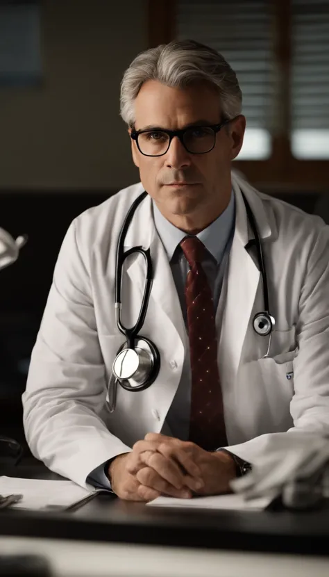 good lighting, a distinguished 40-year-old man with gray hair and prescription glasses sits behind a modern medical table, his white coat and stethoscope around his neck, ready to see his next patient. His intense gaze at the camera conveys his dedication ...