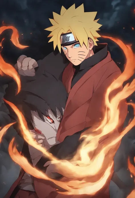 30-year-old adult Naruto from Borutos anime holding the dead 9-tailed kyuubi in his arms, naruto chorando, fundo konoa