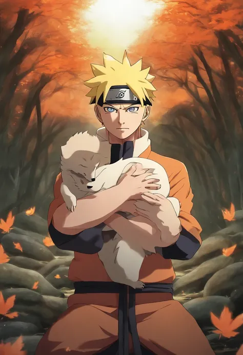 30-year-old adult Naruto from Borutos anime holding the dead 9-tailed kyuubi in his arms, naruto chorando, fundo konoa