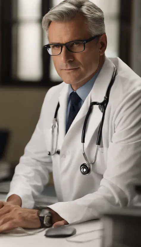 good lighting, a distinguished 40-year-old man with gray hair and prescription glasses sits behind a modern medical table, his white coat and stethoscope around his neck, ready to see his next patient. His intense gaze at the camera conveys his dedication ...