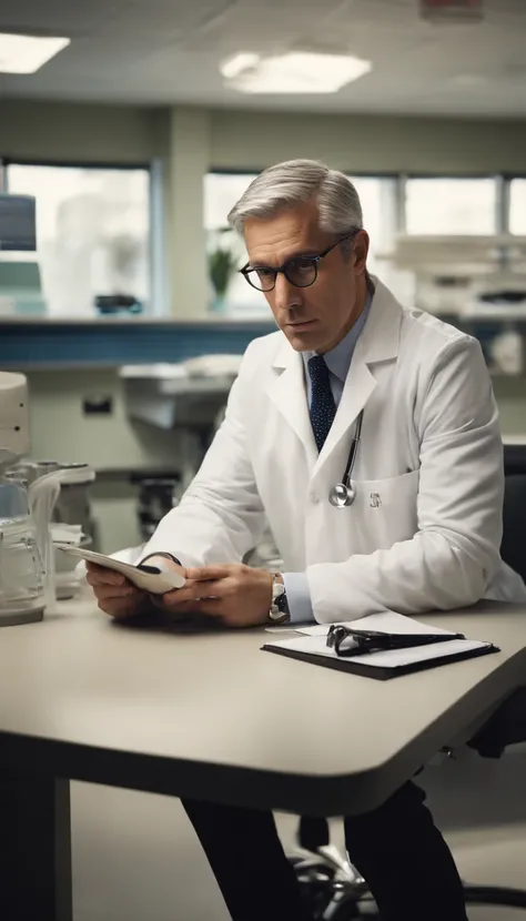 good lighting, a distinguished 40-year-old man with gray hair and prescription glasses sits behind a modern medical table, his white coat and stethoscope around his neck, ready to see his next patient. His intense gaze at the camera conveys his dedication ...