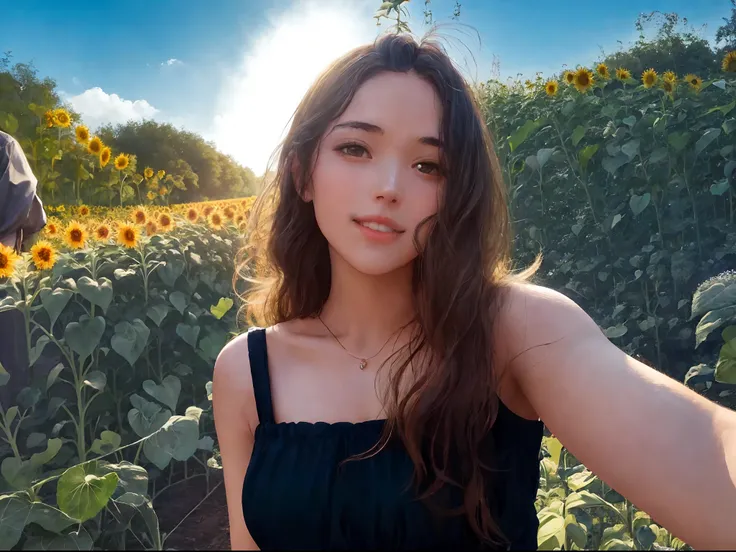 Girl in black dress on a sunflower plantation