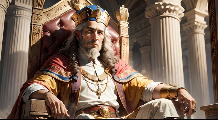 Solomon king of Israel from 705 to 681 B.C., seated on his throne with riches around him