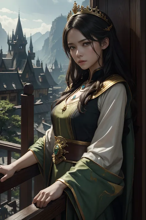 8K,Model Chute Style、(the Extremely Detailed CG Unity 8K Wallpapers)、full-shot body photo of the most beautiful artwork in the world、English Medieval Witches、Green Valley、Pearl skin、Golden crown、Diamonds、Medieval architecture、Edbrink、Ateigairan、Studio Ghib...