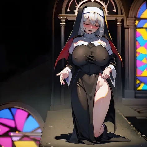 (masterpiece, best quality, ultra high resolution, ultra-detailed, detailed background:1.45), BREAK, (solo thin pretty nun praying:1.3), (black (sheer long robe):1.5), (sheer long skirt:1.3), white hair, BREAK, (large breast, thin waist, thin long legs:1.2...