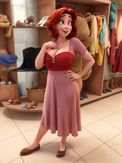 Create an image based on a Disney Pixar-style animation. Mulher ruiva de cabelos cacheados com corte de cabelo shaggy hair, os olhos devem ser castanhos, red-lips, sorridente, jovem de 20 anos.