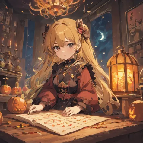 high-level image quality、8K、the detailed images、Halloween、candies、Young witch、house in forest、Moonlight shines through the window、sweets, Candles and crystal balls on wooden table、Cute fortune teller、Black cat、