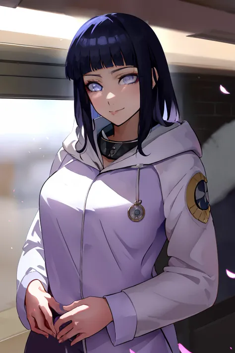 beau, master piece, beste-Qualit, extremely detailed face, perfect  lighting, 1fille, hinata, hyuuga hinata, frange, empty_eyes, black_hair, blunt_bangs, yeux gris, manches grises, headband_around_neck, hauts, coupe hime, hooded_cardigan, manches longues, ...