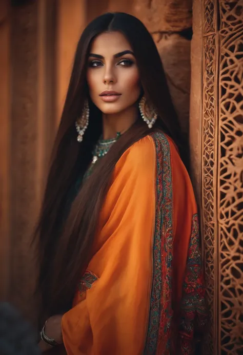 Moroccan girl with long straight hair with a slim and fit figure