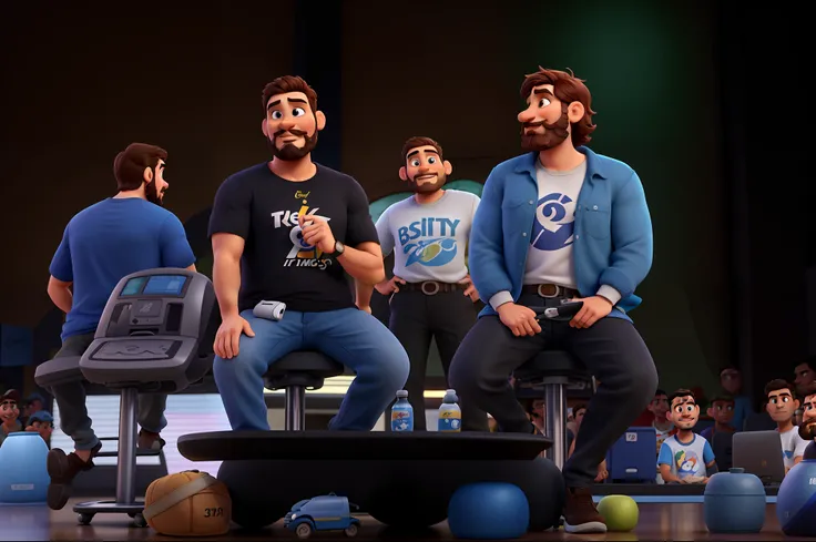 Crie uma imagem no melhor estilo Disney Pixar. Dois homens, dando palestra, o de camiseta com barba e bigode. Alta qualidade, melhor qualidade