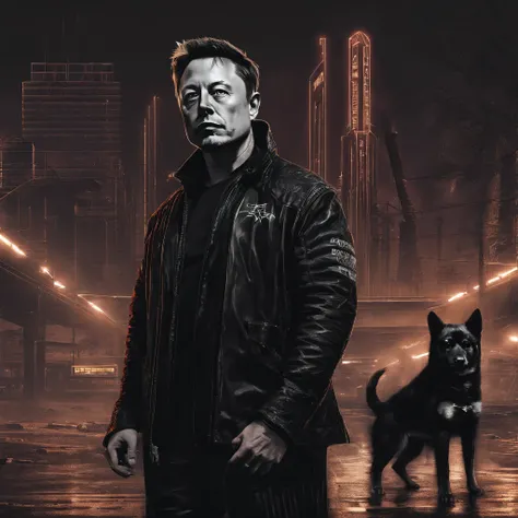 Elon Musk com Shiba Walk na cidade de Cyberpunk 2077, casaco preto longo com logotipo dourado btcon peito