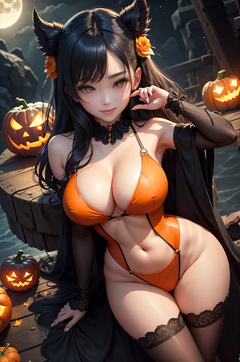 k、Best Quality、Full moon night sky、Demon Girl、A dark-haired、blushed face、、Wave Long、Orange Ribbon、Orange dress、Black corset、Orange knee socks、beauty legs、Seductive thighs、Colossal tits:1.8、big butts:5.5、big breasts thin waist、cleavage of the breast、Beautif...